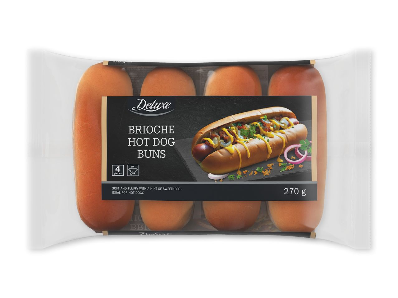Pakke med 4 brioche hotdogbrød, bløde og luftige med et strejf af sødme, 270 g.