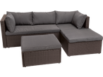 Brown rattan corner sofa with dark grey cushions and matching ottoman.