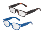 Zwei Lesebrillen mit integrierten LED-Leuchten, eine braun gemusterte und eine blaue.