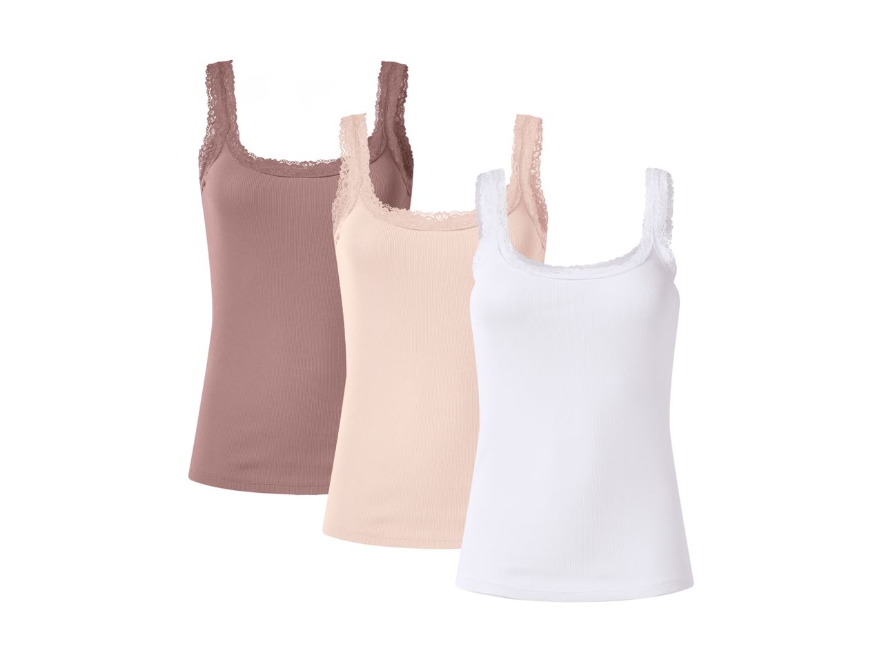 Three ribbed tank tops with lace trim in brown, beige, and white.