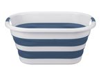 Collapsible laundry basket in white and blue stripes