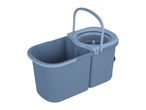 Blue mop bucket with wringer and handle on a white background.