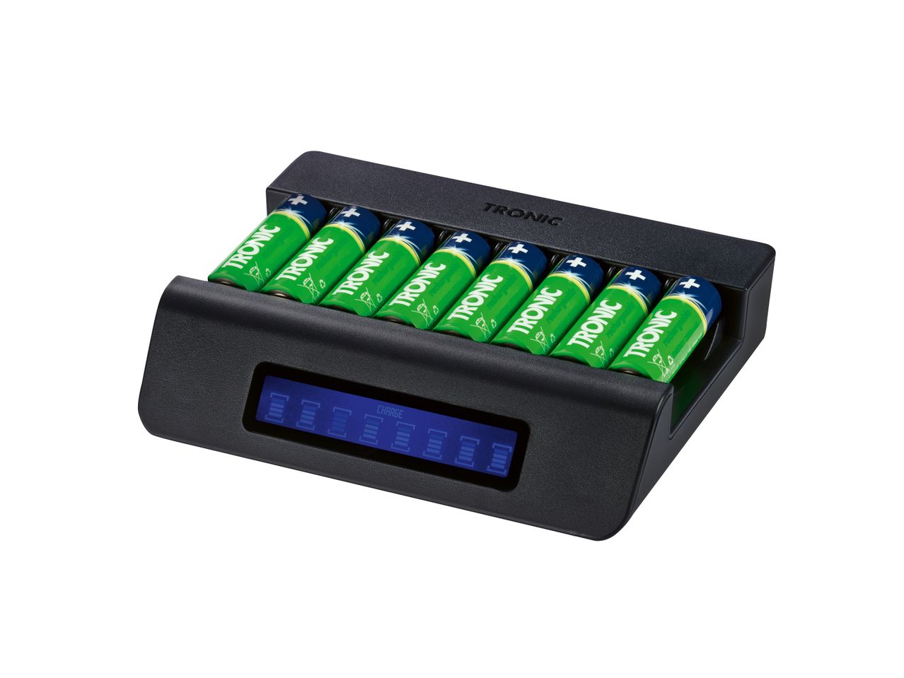 A black Tronic eight-slot AA battery charger with a blue LCD display shows eight green Tronic rechargeable batteries charging.