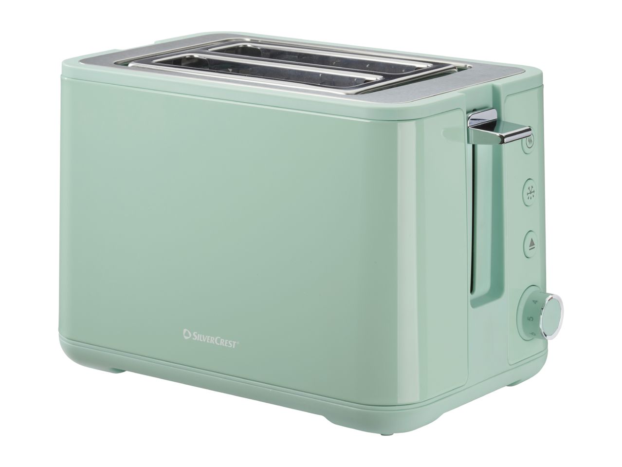 Mint green two-slice toaster with chrome accents and control dial