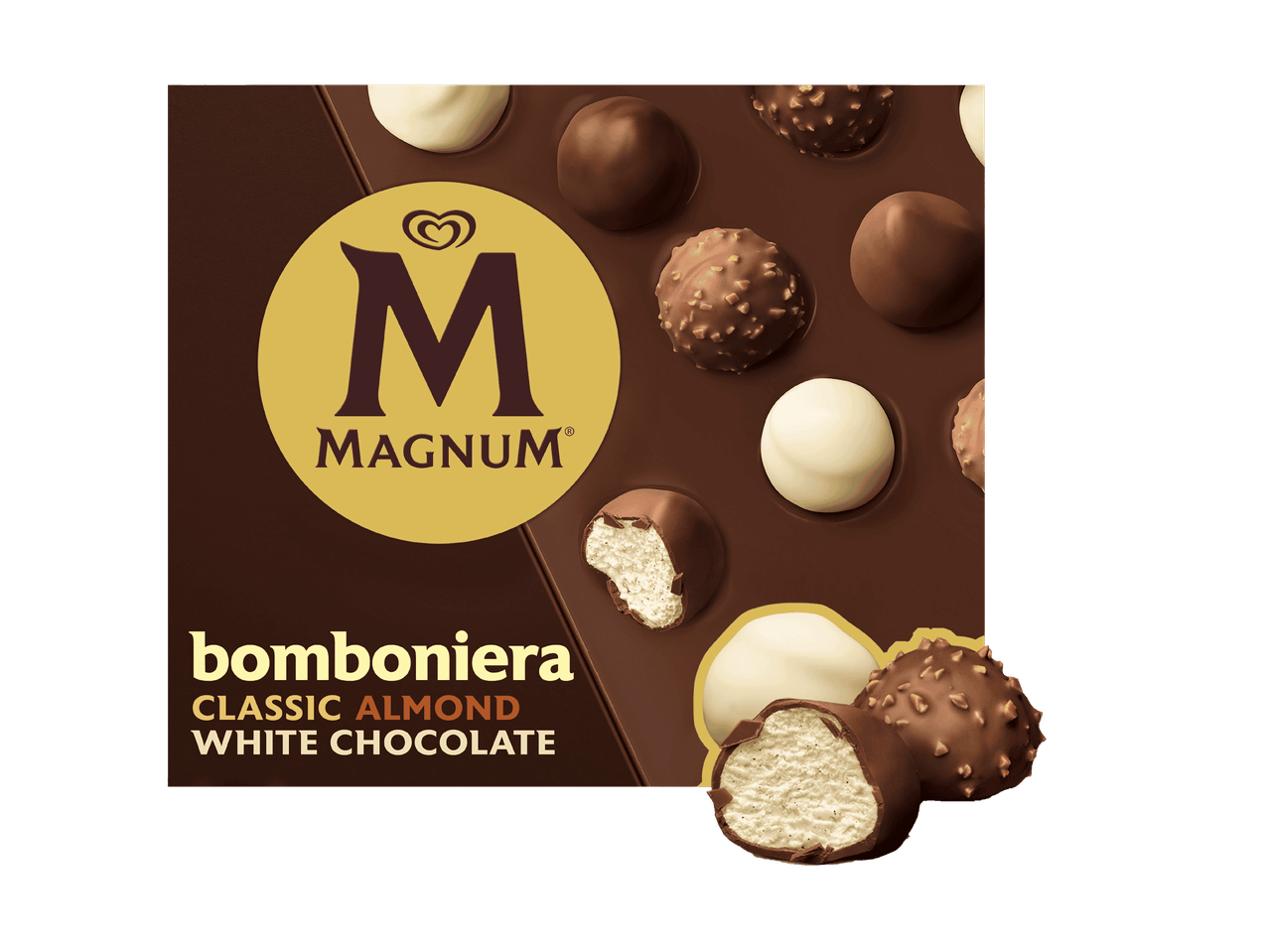 Pralines Magnum de différentes saveurs, y compris Classique, Amande et Chocolat Blanc.