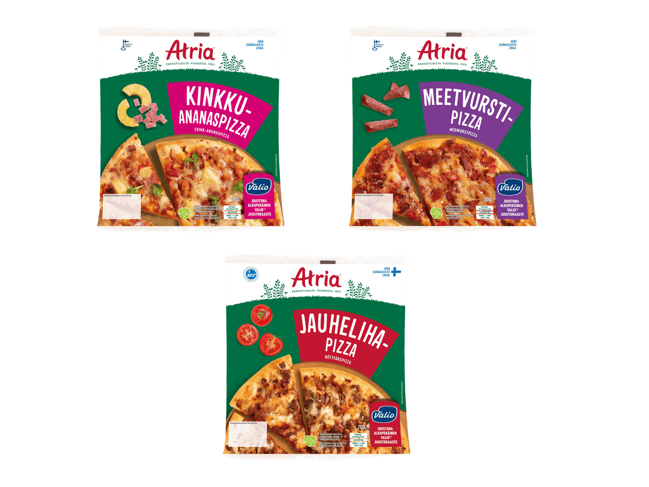 Kolme pakattua pizzaa: kinkku-ananas, meetvursti ja jauheliha.