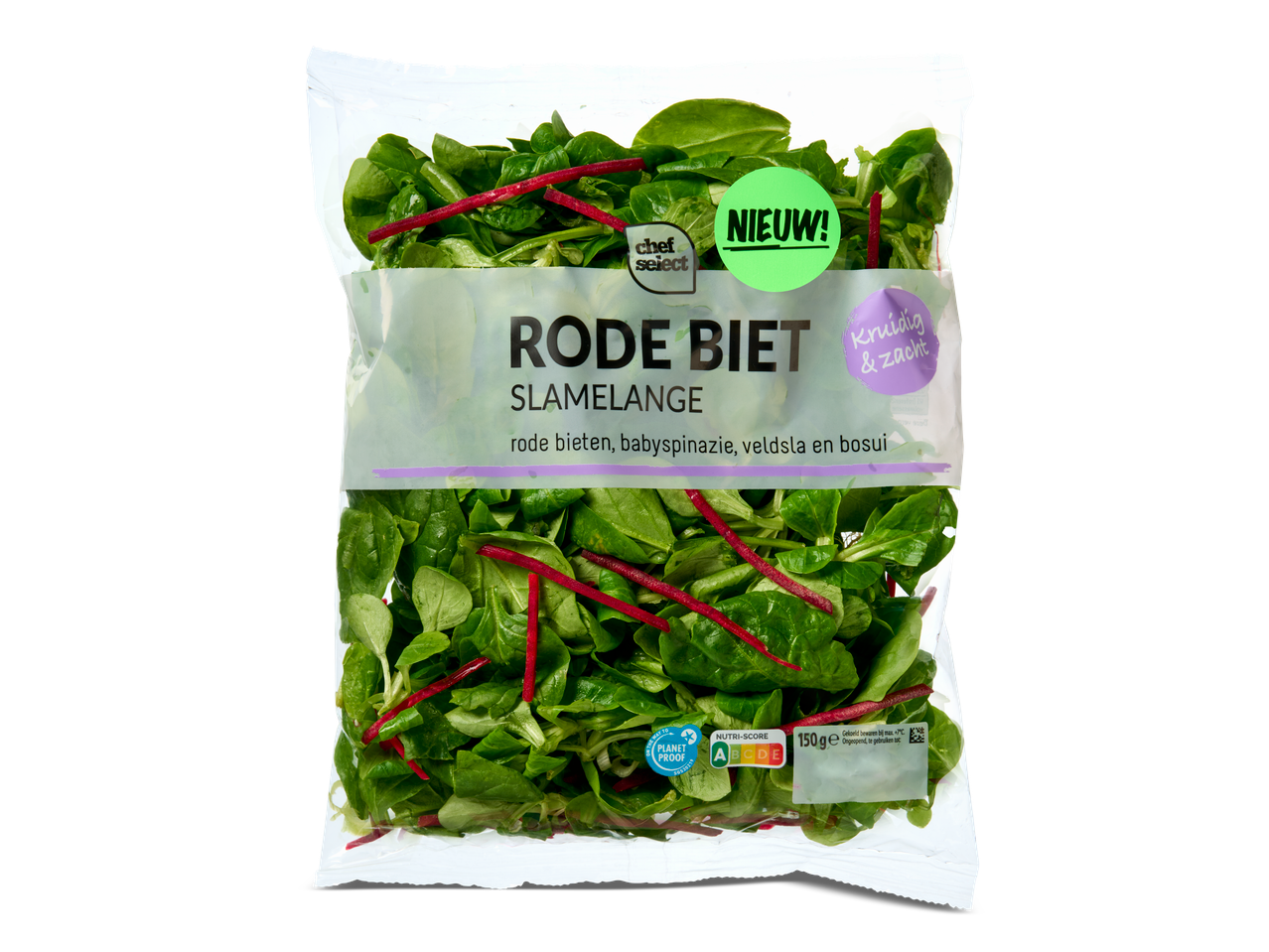 Slamelange met rode bieten, babyspinazie, veldsla en bosui in een verpakking.