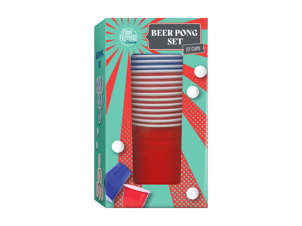 Conjunto de Beer Pong com 22 copos vermelhos e azuis e bolas, com a marca 'Food Festival'.