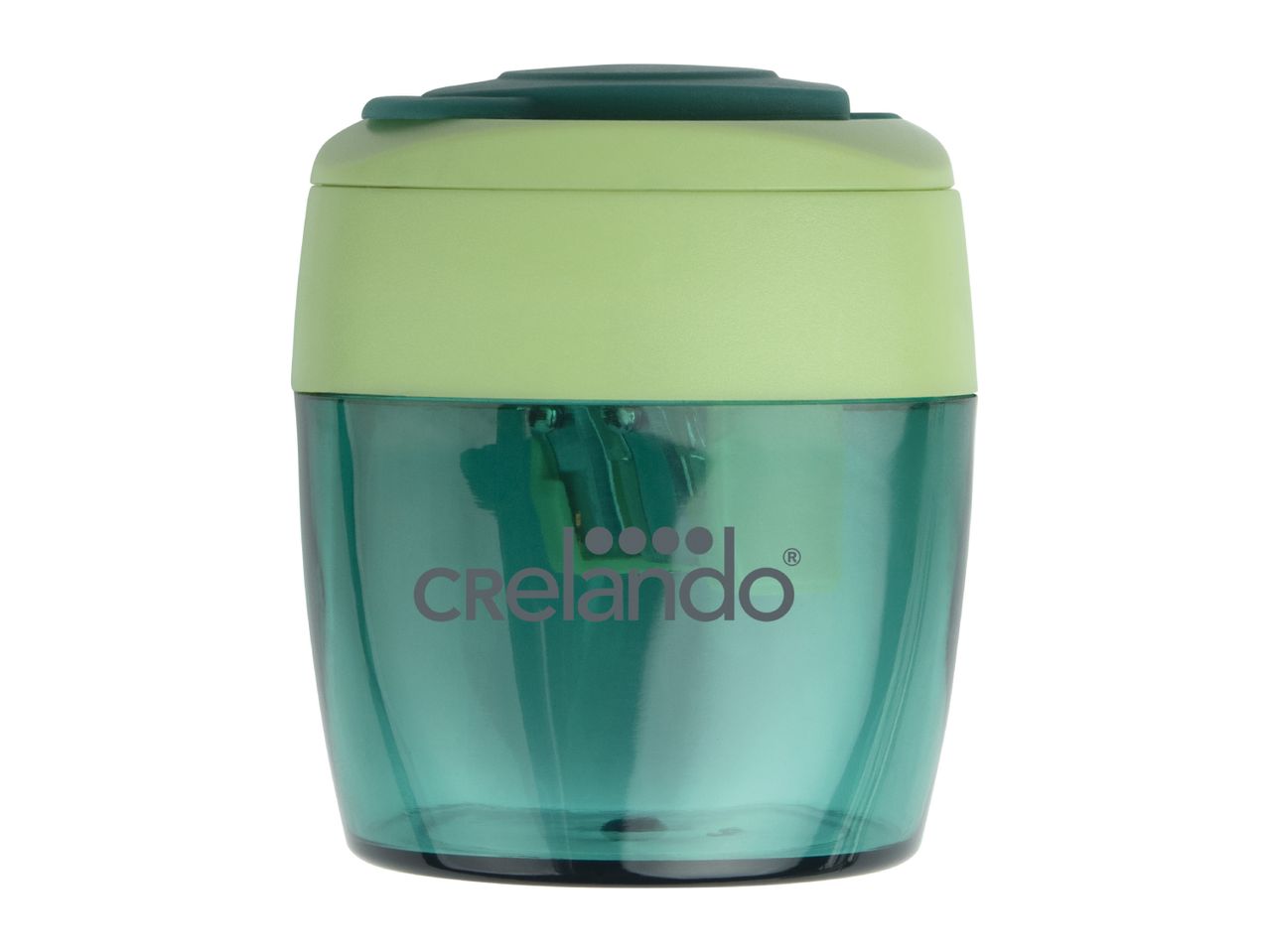 Green and teal pencil sharpener with a transparent shavings reservoir.