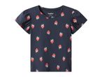 Dark blue short-sleeved children's t-shirt with a strawberry pattern