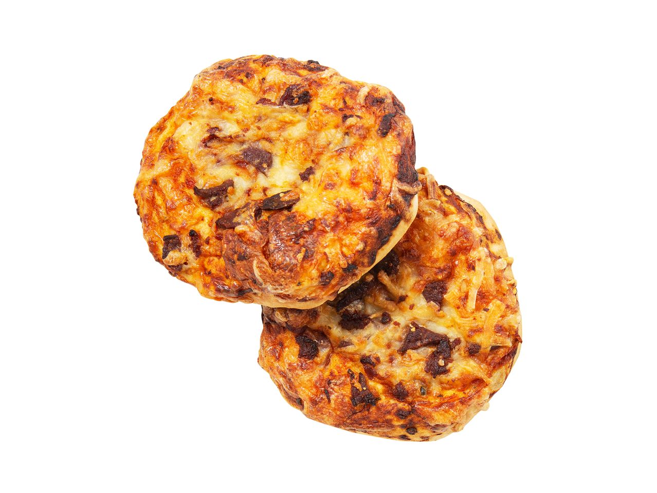 Kaksi pientä, pyöreää, juustolla ja lihalla päällystettyä pizzaa.