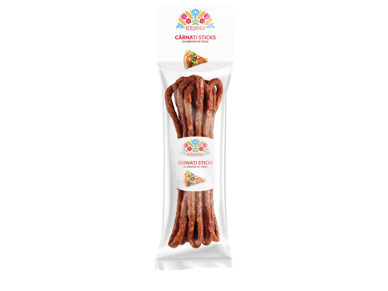 Cârnați Kuljanka Sticks cu aromă de pizza, ambalați individual.