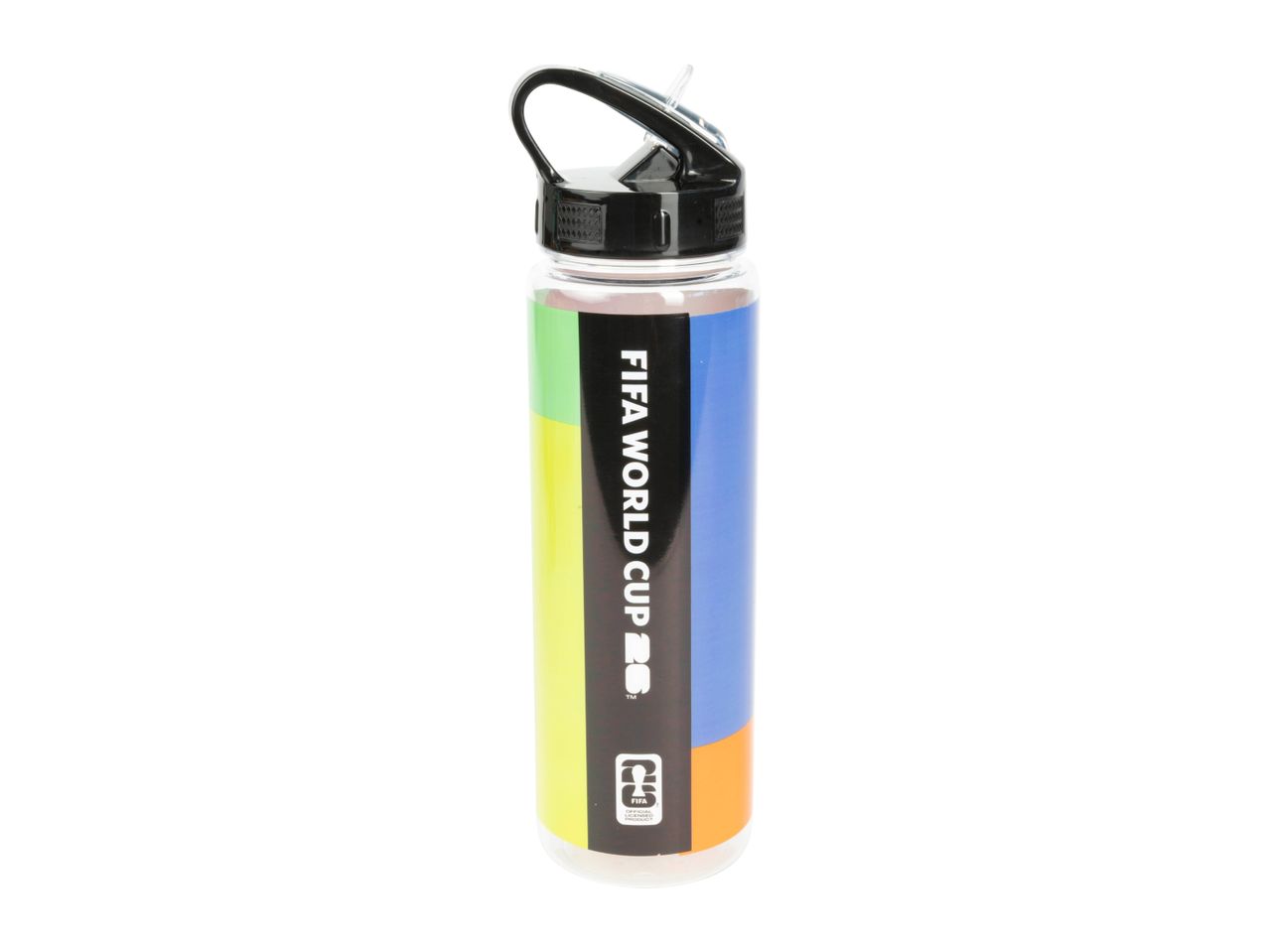 Clear water bottle with a black lid and a colorful FIFA World Cup 26 graphic