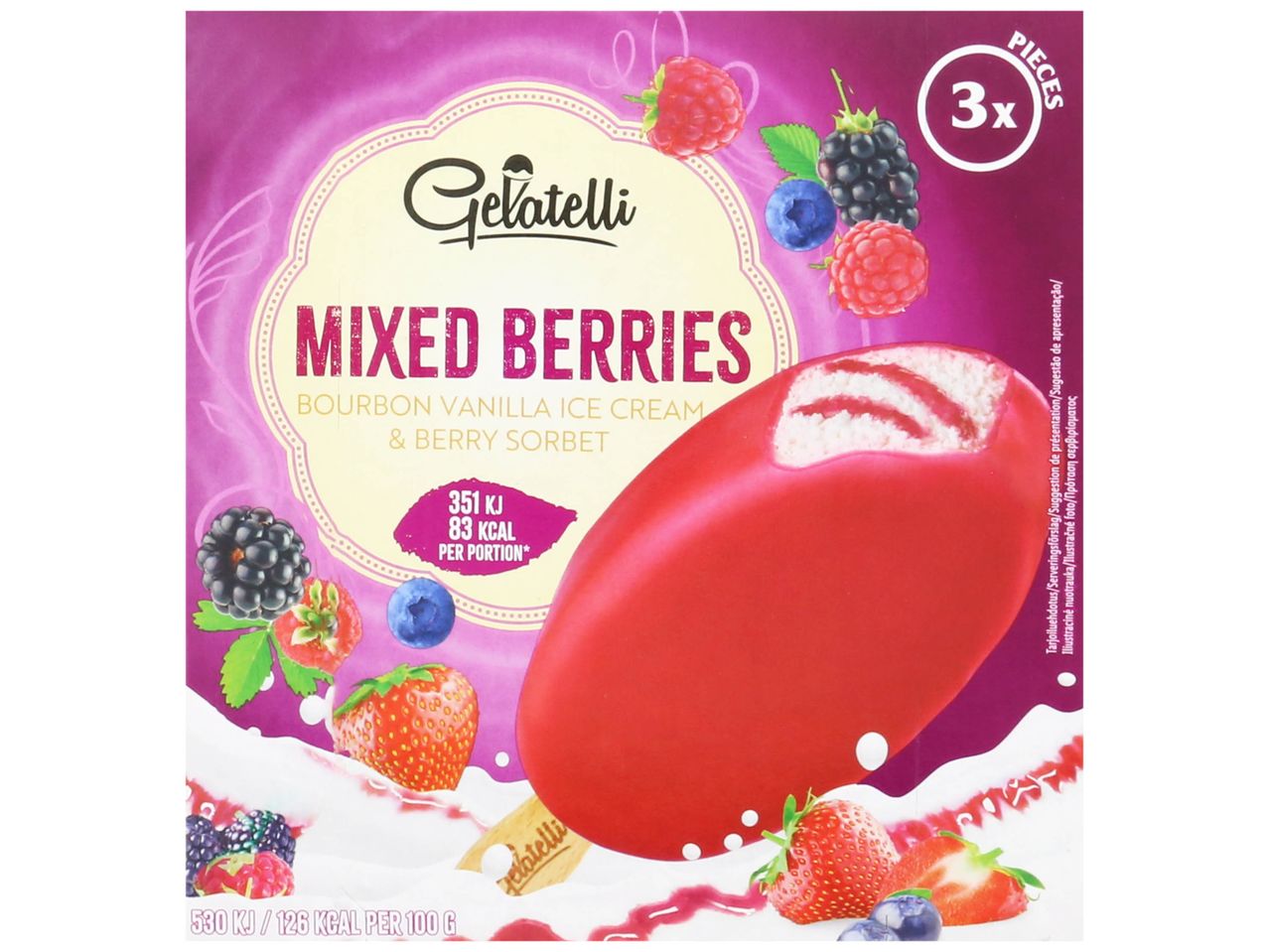 Glaces Gelatelli aux fruits rouges mélangés : glace à la vanille bourbon et sorbet aux fruits rouges.