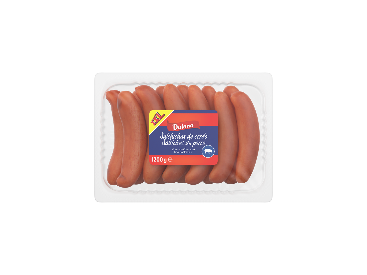 Salsichas de porco fumadas Dulano (tipo Bockwurst) numa bandeja, 1200g