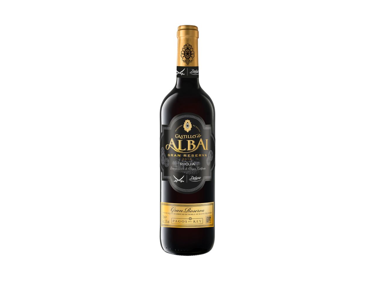 A bottle of Castillo de Albai Gran Reserva 2018 Rioja wine with a black and gold label.