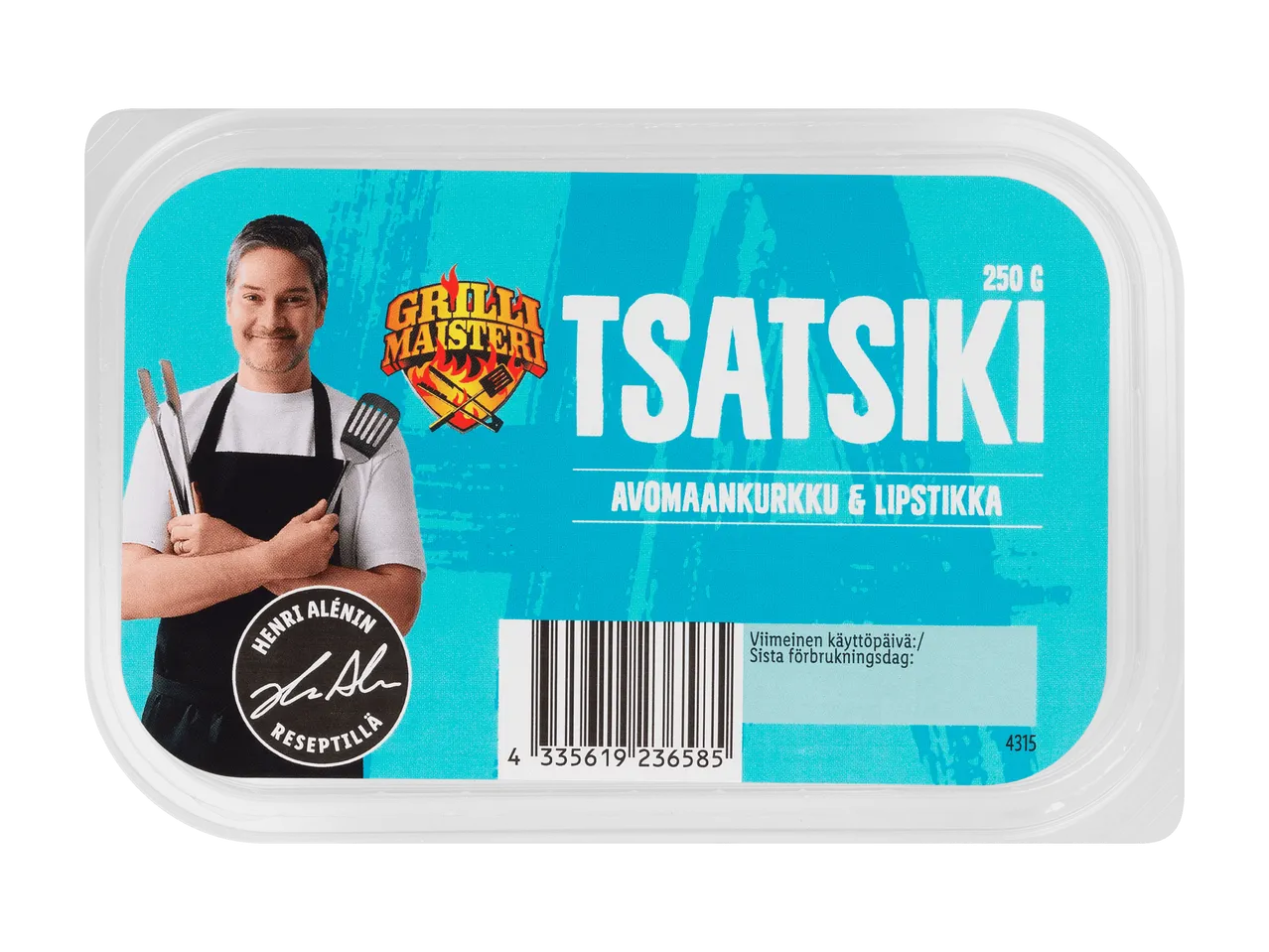Tsatsiki-pakkaus, jossa on kuva kokista ja tekstiä, kuten 'Grillimestari' ja 'Avomaankurkku & Lipstikka'.