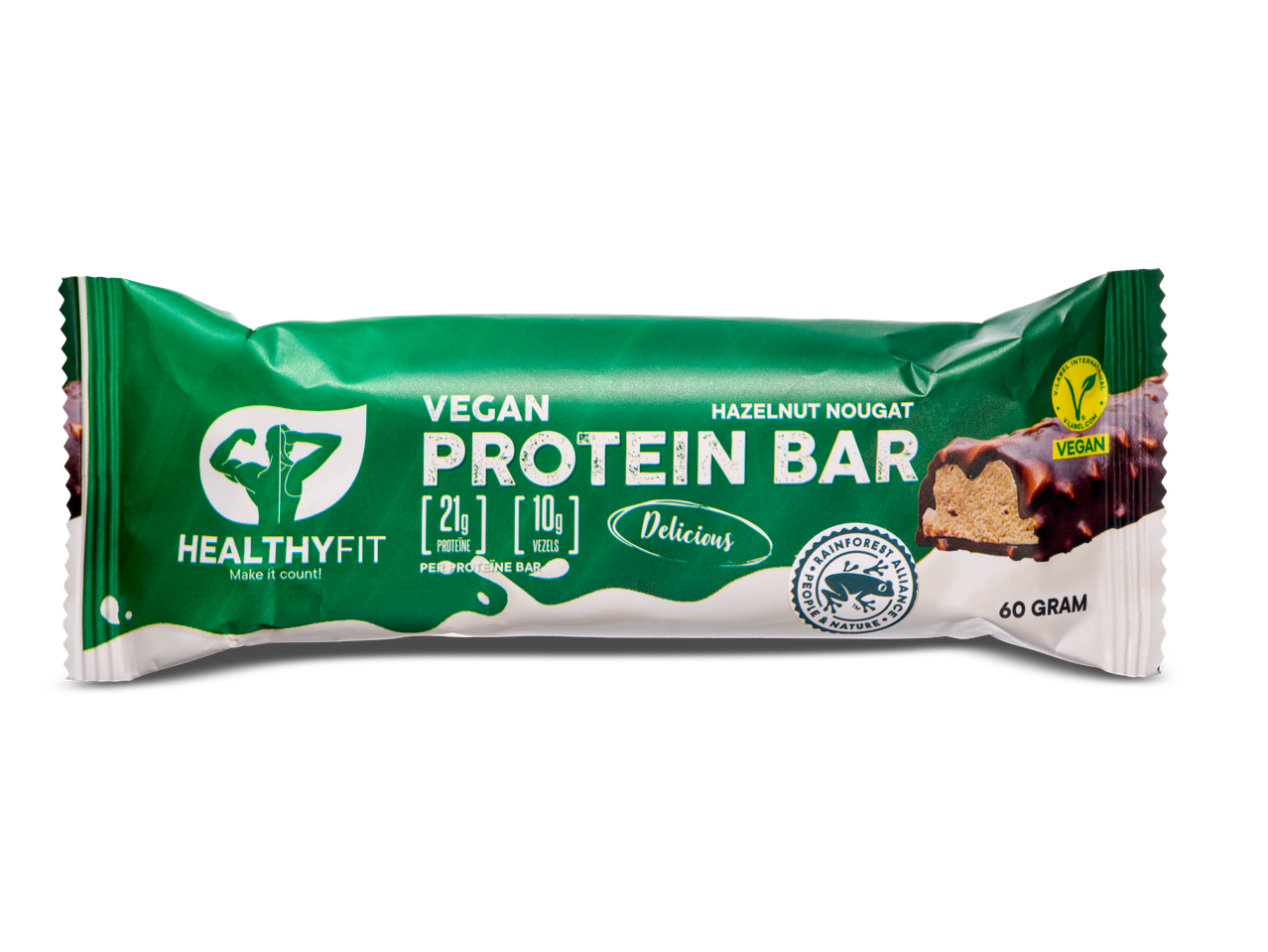 HealthYFit vegan proteïne reep met hazelnoot nougat.