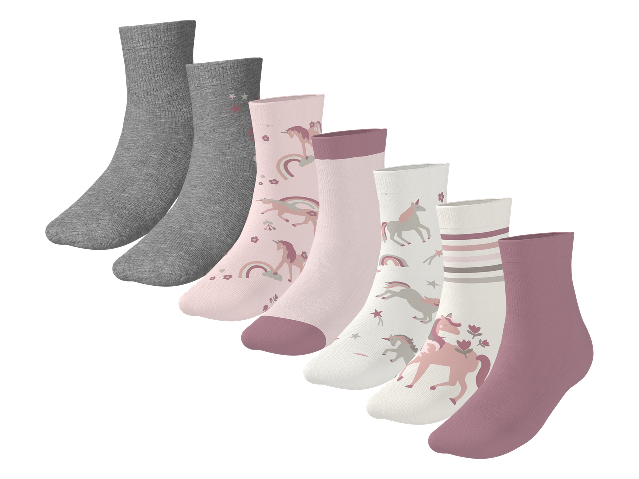 Set dječjih čarapa s uzorkom jednoroga i duginih boja u ružičastim i sivim nijansama.