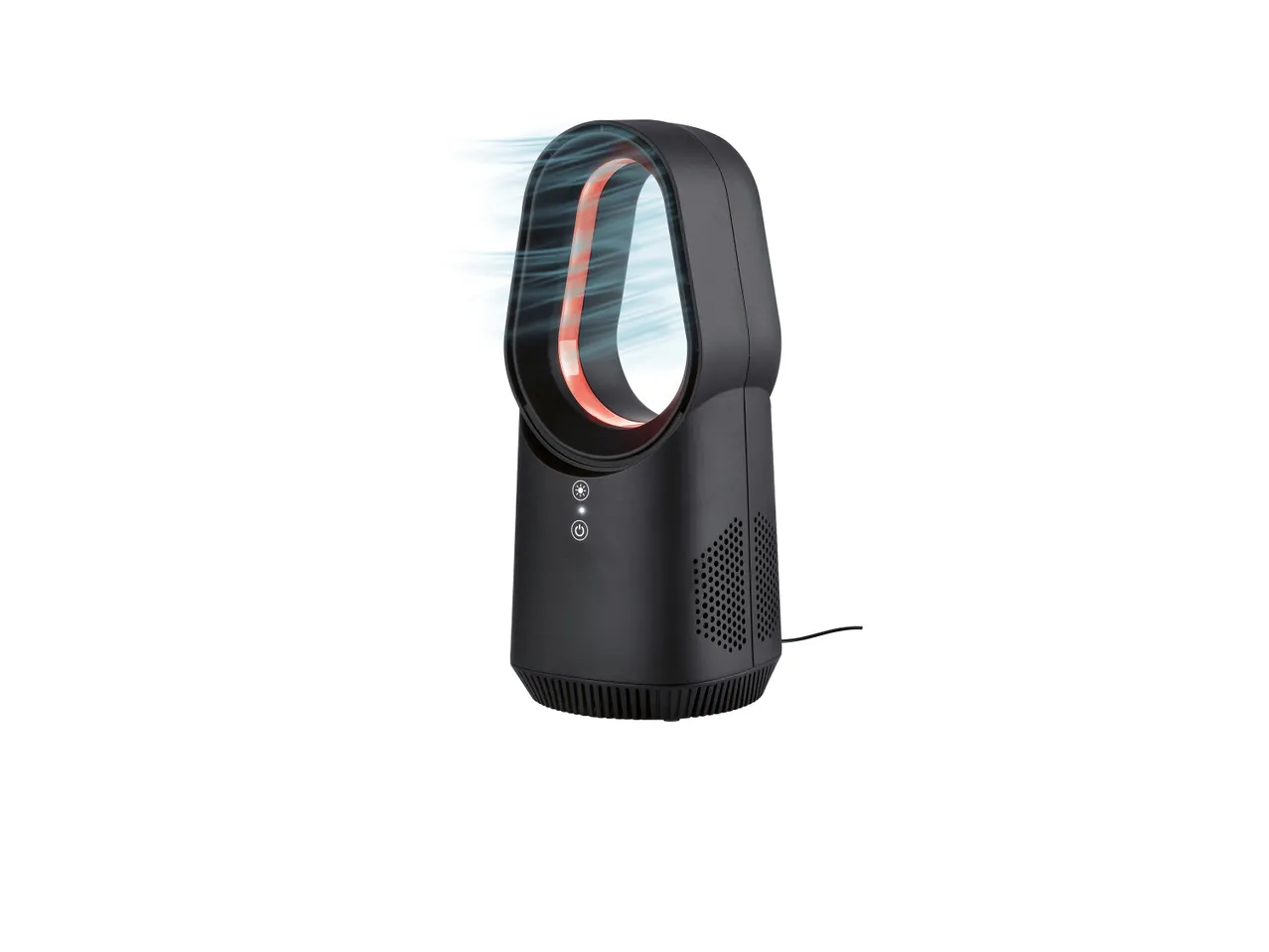 Un mini ventilatore da tavolo con LED ,di colore nero.