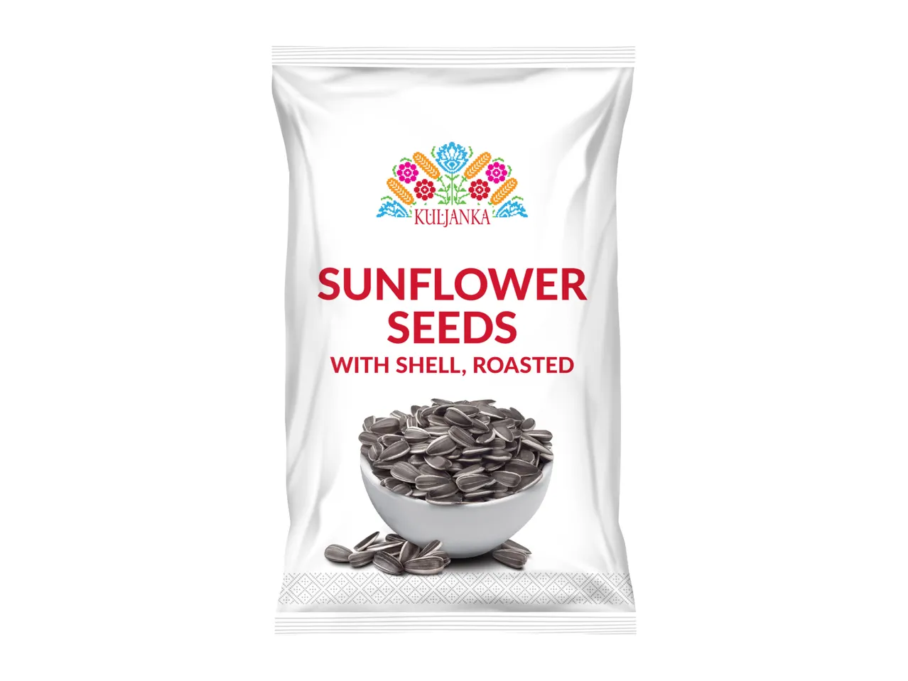 White bag of roasted sunflower seeds with shell, with a bowl of seeds at the bottom.