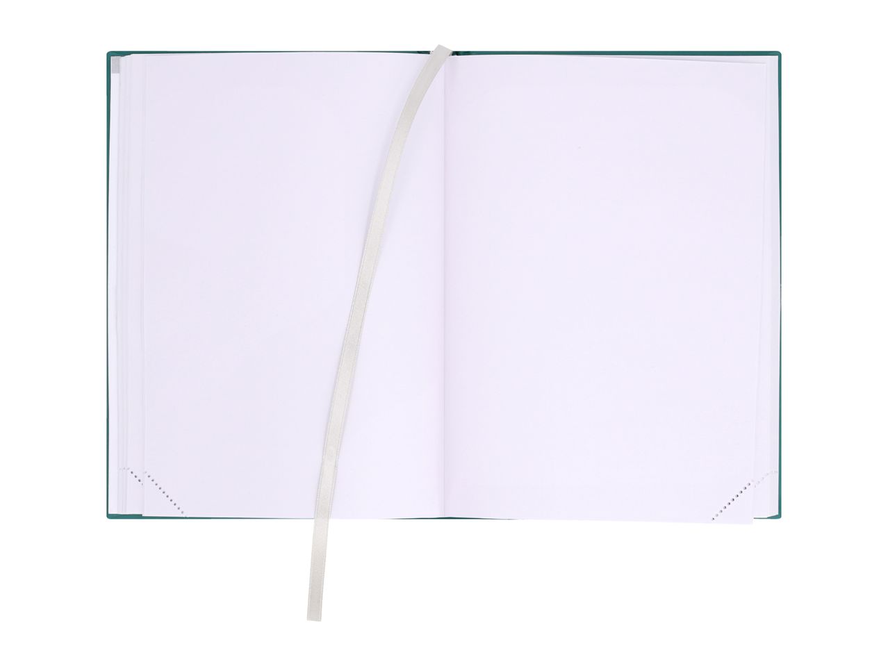 An open, blank notebook with a green cover and a white ribbon bookmark, isolated on a white background.