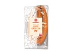 Pakkede danske oste grillpølser (320g) med et mønster af køkkenredskaber.