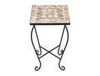 Mosaic-top table with metal legs.