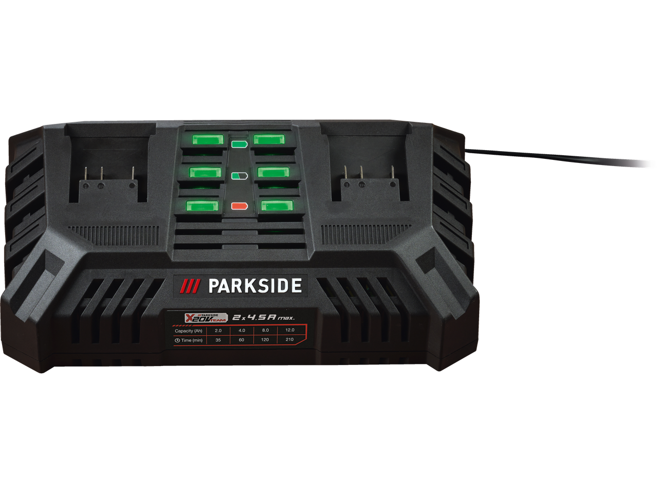 Încărcător de baterii PARKSIDE X20V Team cu două porturi și timpi de încărcare.