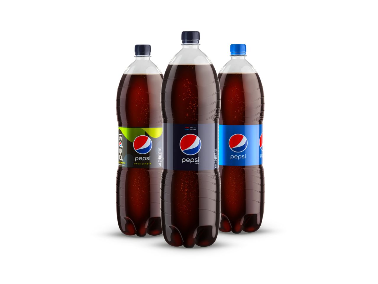 Tri boce Pepsi pića, uključujući Pepsi Max i Pepsi Okus Limeta.