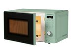 Retro-style microwave oven in mint green with an open door and digital display showing 1:25.