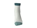 White sock with a teal cuff and toe, standing upright.