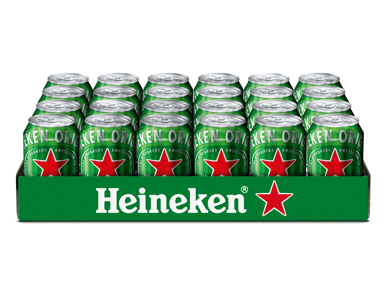 Een tray met vierentwintig blikjes premium pilsener bier.