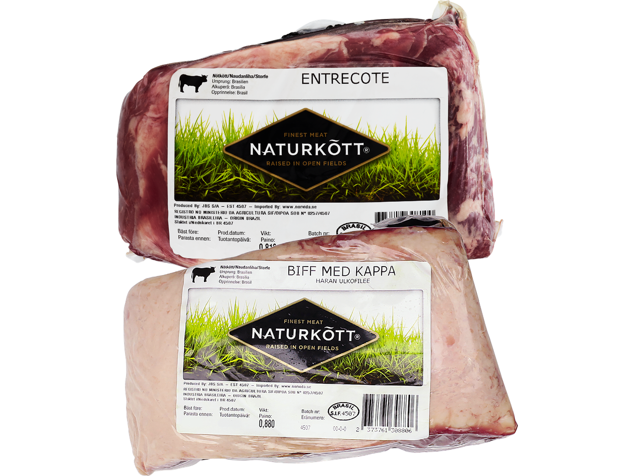 Två vakuumförpackade köttbitar, entrecote och biff med kappa, från märket Naturkött.