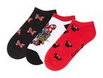 Three pairs of Minnie Mouse ankle socks in black, white, and red.