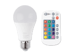 Eine weiße LED-Glühbirne mit Fernbedienung für RGB-Farben und verschiedene Modi.