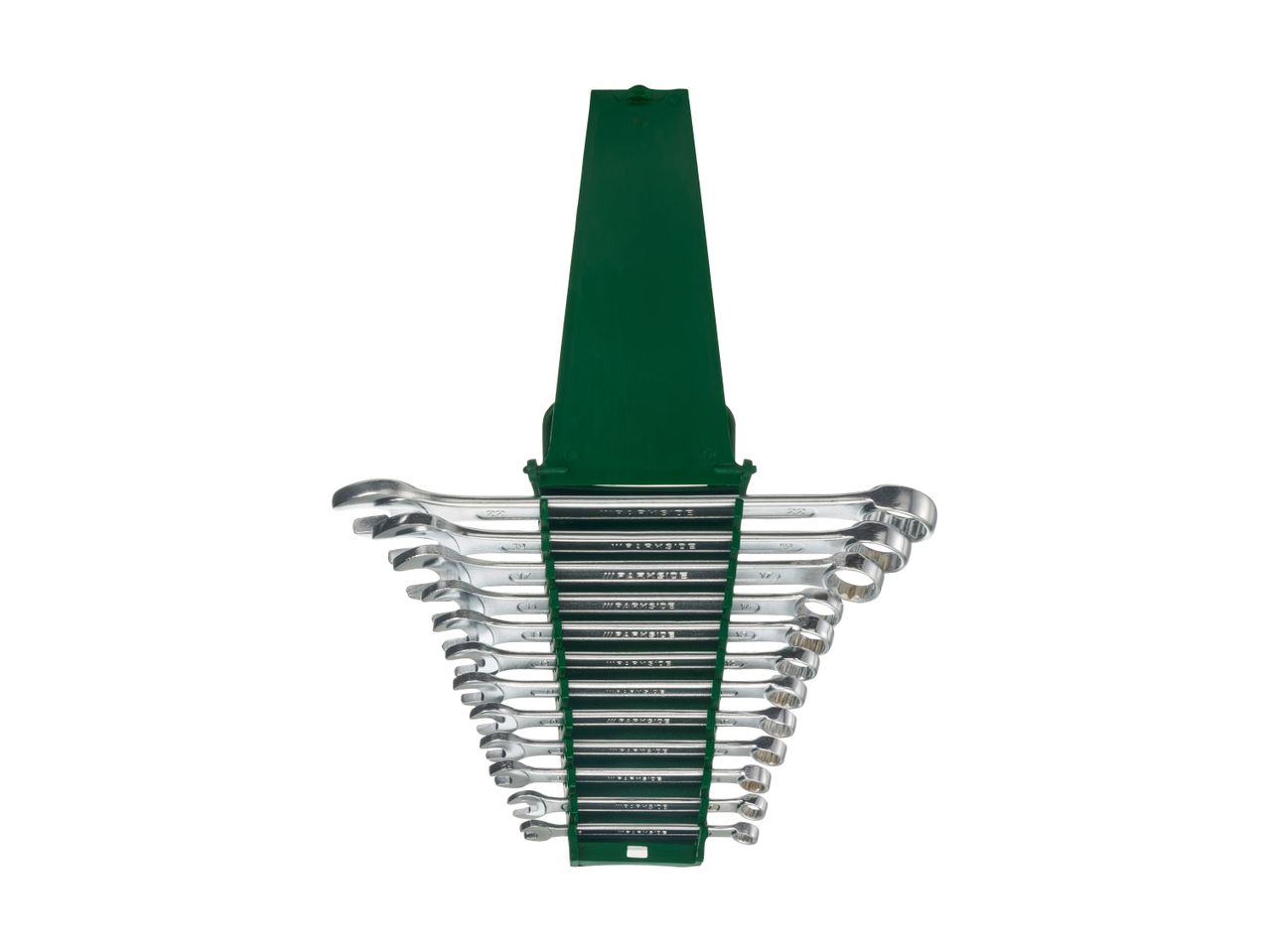 A set of combination wrenches in various sizes, organized in a green plastic holder.