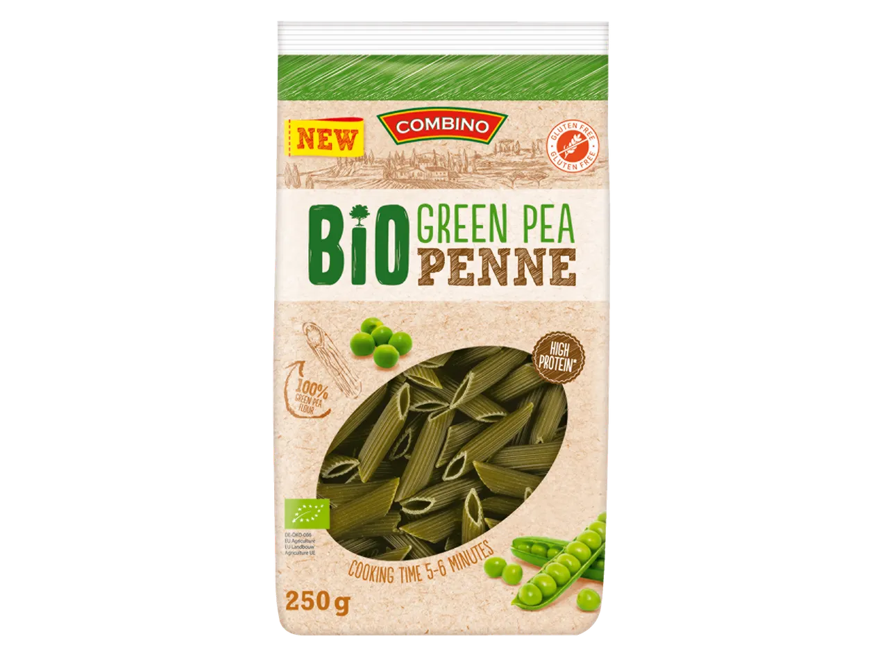 Combino Bio Erwten Penne pasta, 250g, hoog eiwitgehalte, glutenvrij, nieuw product.