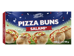 Boîte de pizza buns au salami sur fond de stade de football, avec confettis.