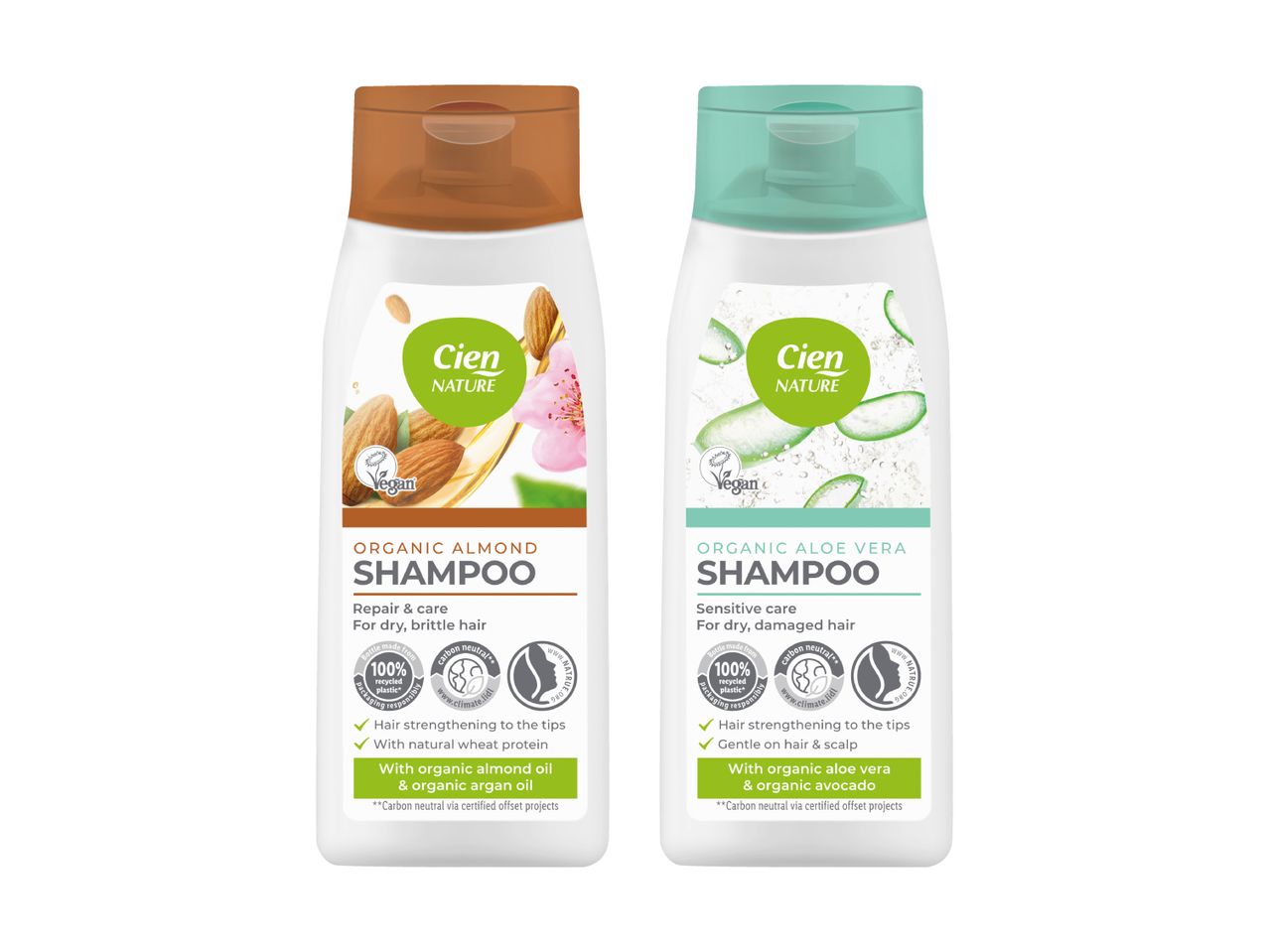 Zwei Bio-Shampoos, eines braun und eines grün, für weiches und glänzendes Haar.