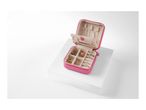 A pink travel jewelry case with compartments for earrings, necklaces, and rings.