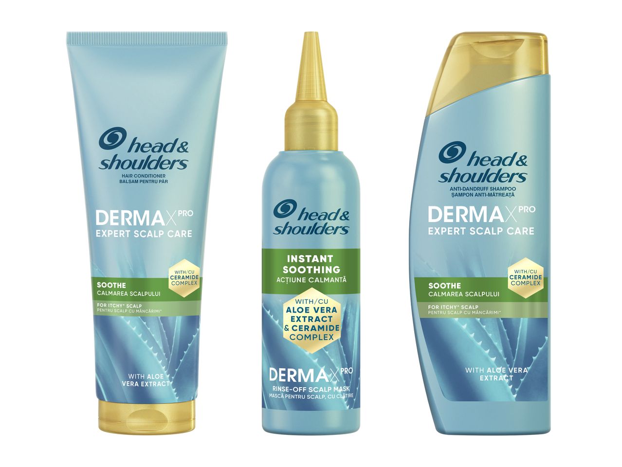 Șampon, mască și balsam pentru îngrijirea scalpului, cu aloe vera și complex de ceramide.