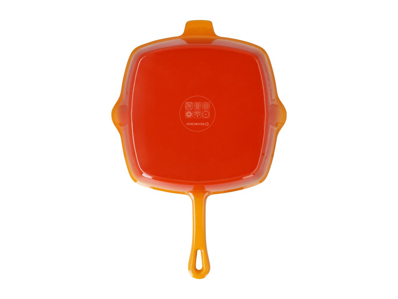 Orange square cast iron pan with a handle, showing care symbols and 'SILVERCREST' brand.