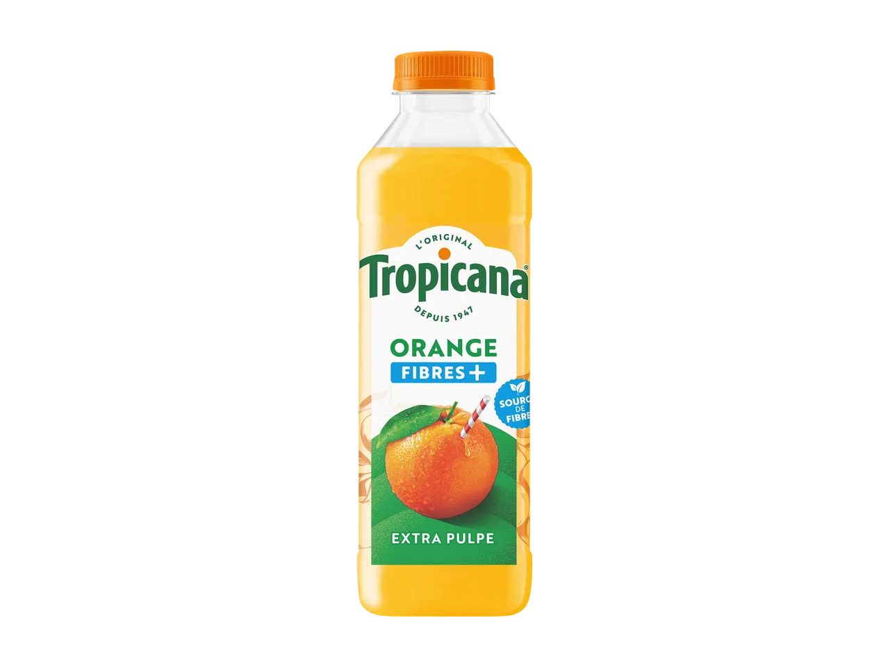 Bouteille de jus d'orange avec pulpe, avec une paille dans une orange sur l'étiquette.