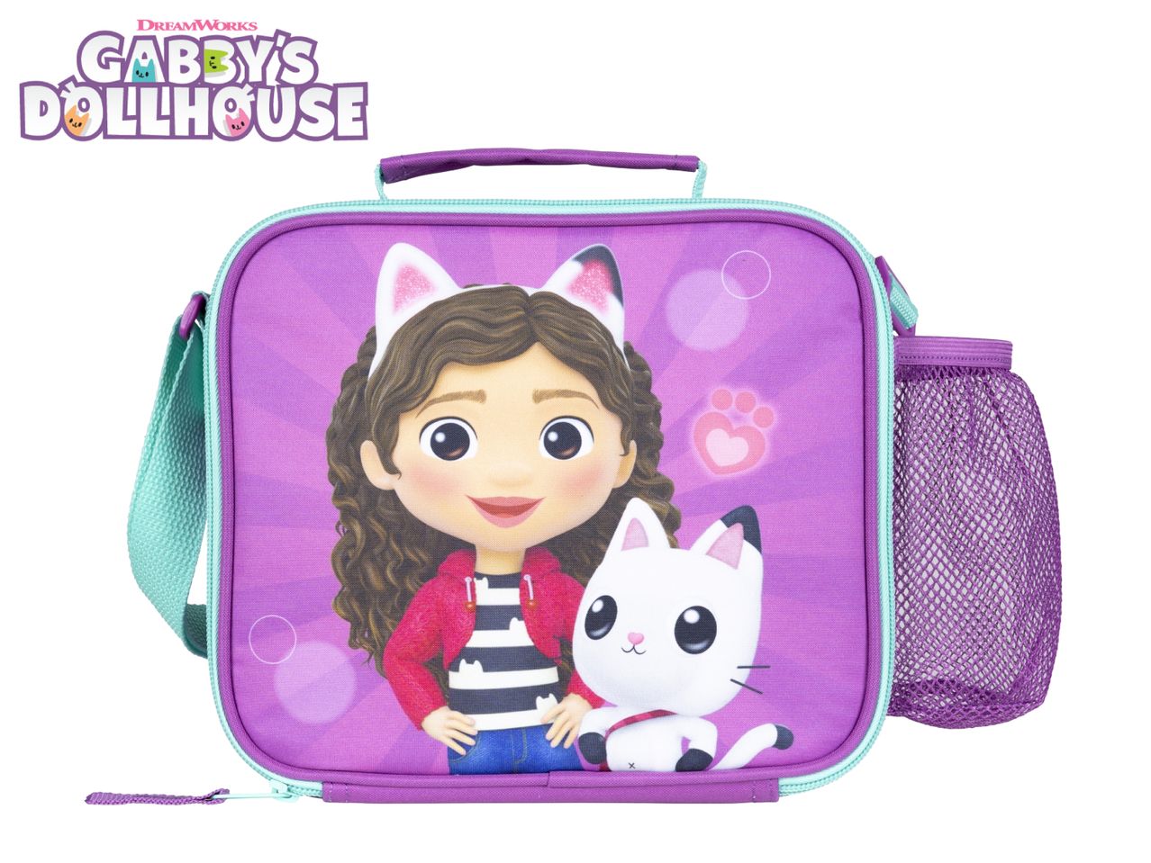 Purple lunch bag with Gabby and Pandy Paws, featuring a side mesh pocket.