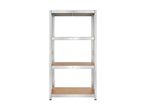 Metal shelving unit with four wooden shelves on a white background