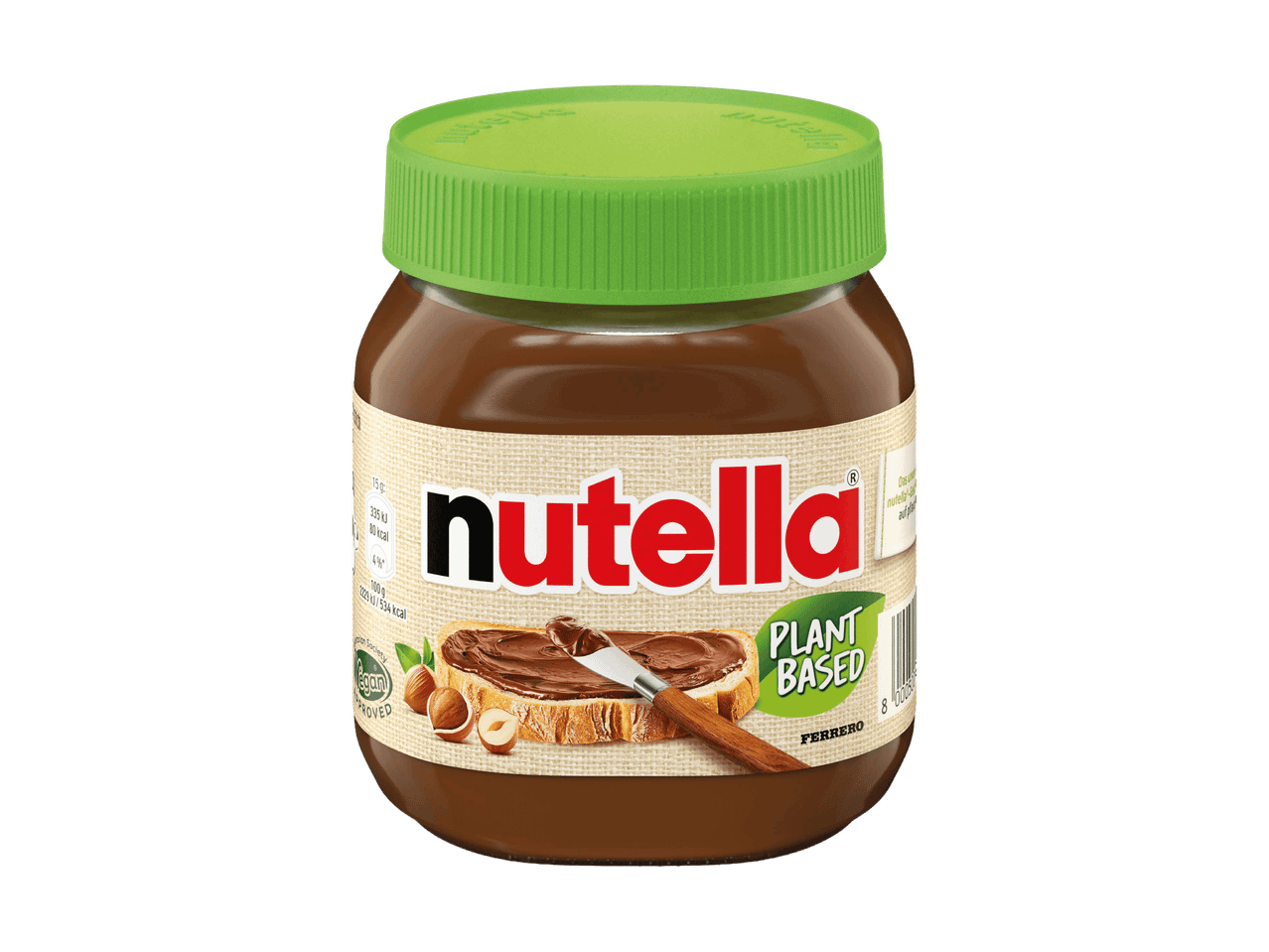 Glas mit pflanzlichem Schoko-Haselnuss-Aufstrich und grünem Etikett.