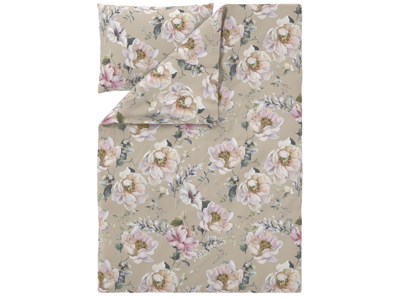 Patalynė su gėlių raštu pastelinių spalvų ant smėlio spalvos fono.