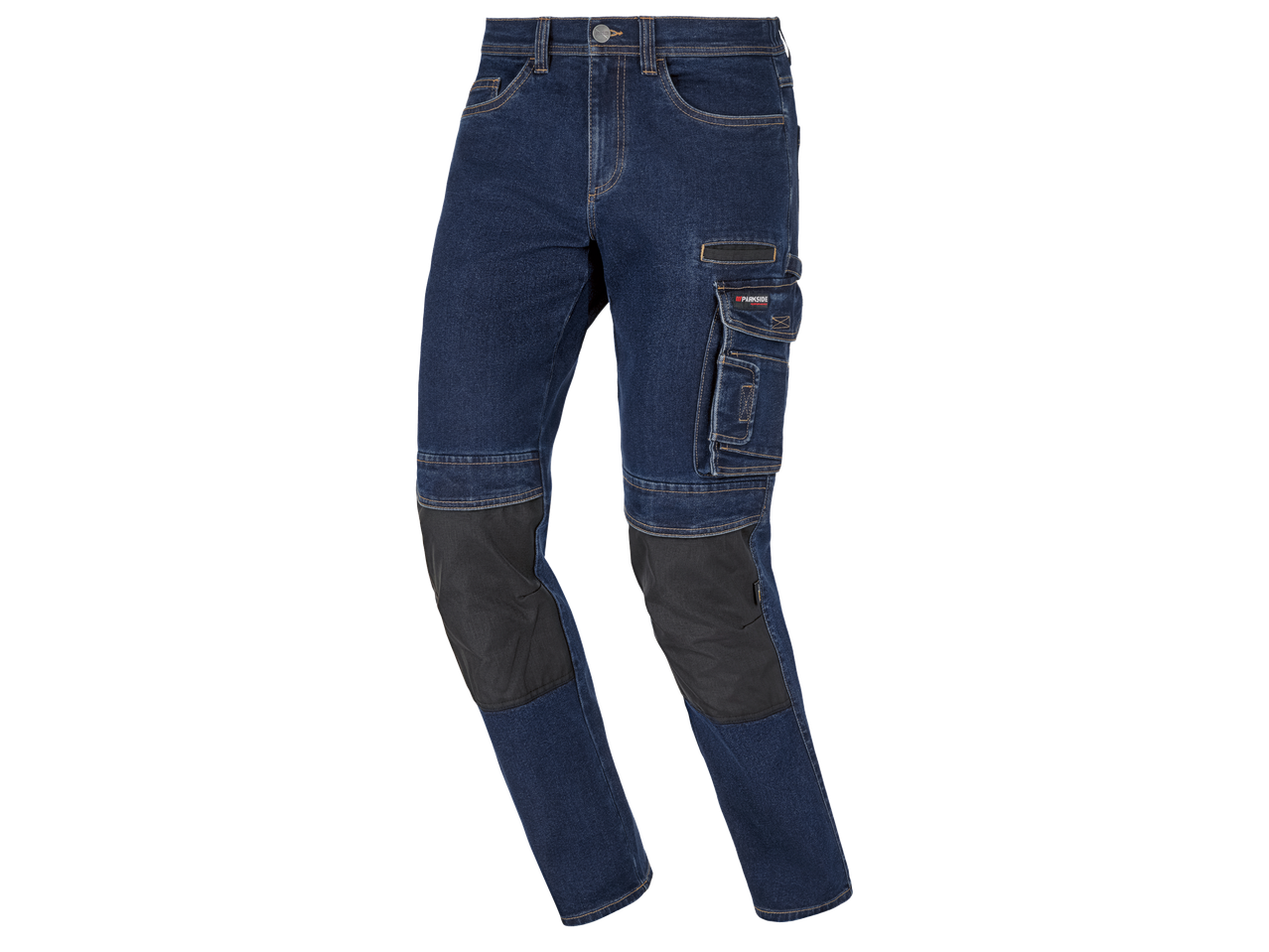 Тъмносини работни дънкови панталони с подсилени колене и странични джобове.