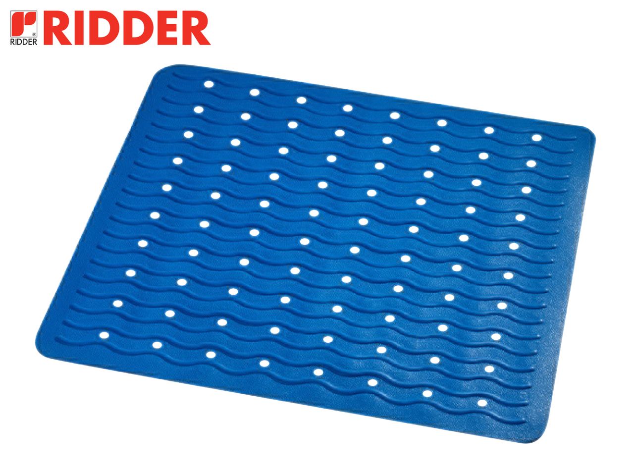 Blue bath mat with a wavy pattern and holes, featuring the RIDDER logo.